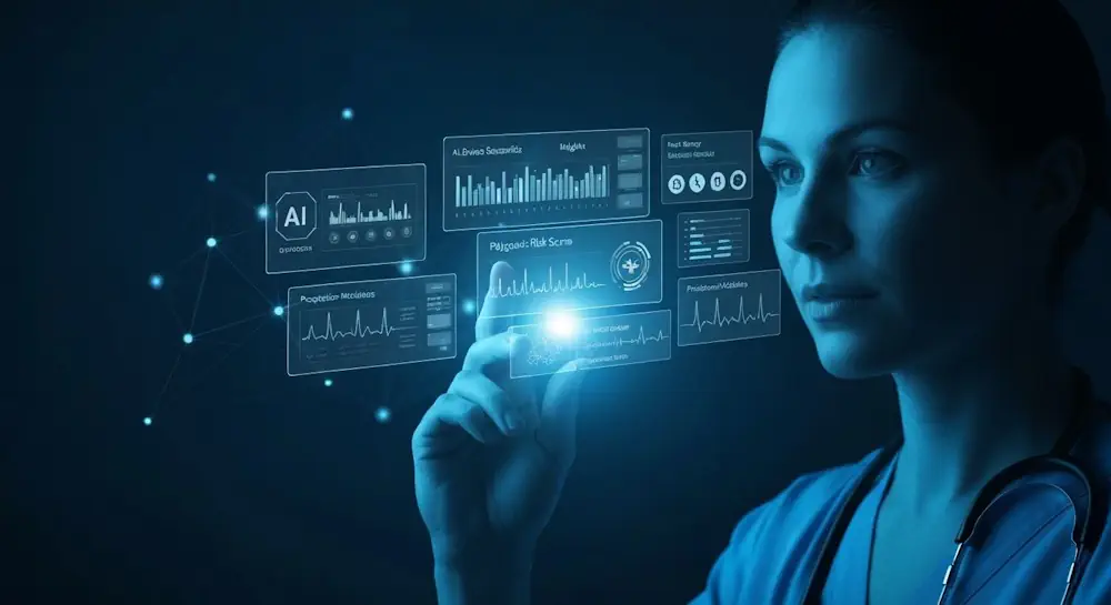 A clinician reviewing a holographic medical dashboard glowing in cool dark‑blue light.
