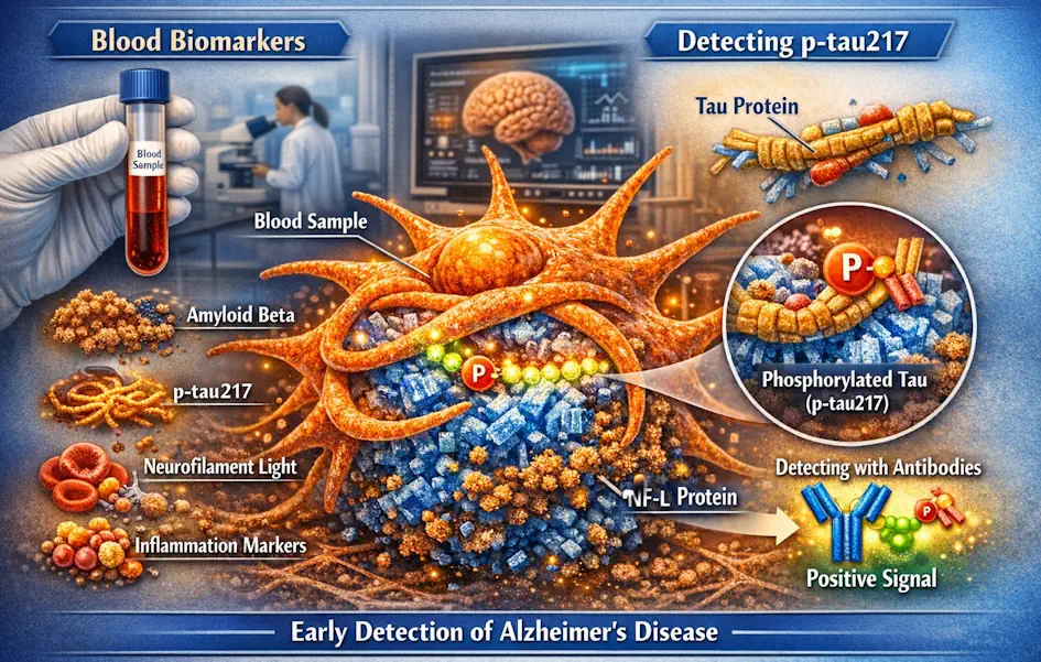 Medical illustration showing blood biomarkers and p-tau217 detection.