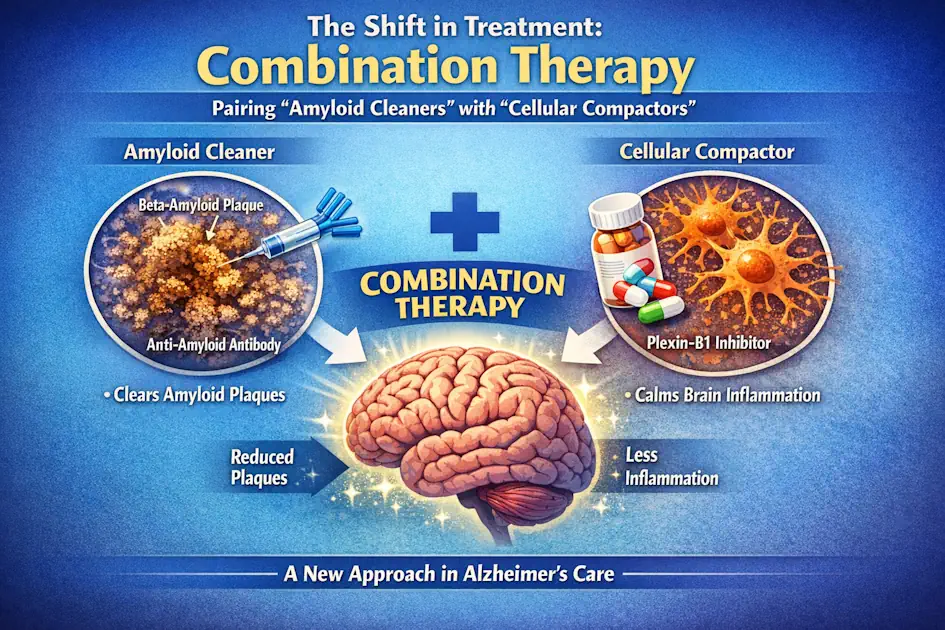 Infographic of Alzheimer's combination therapy: Amyloid Cleaners and Cellular Compactors