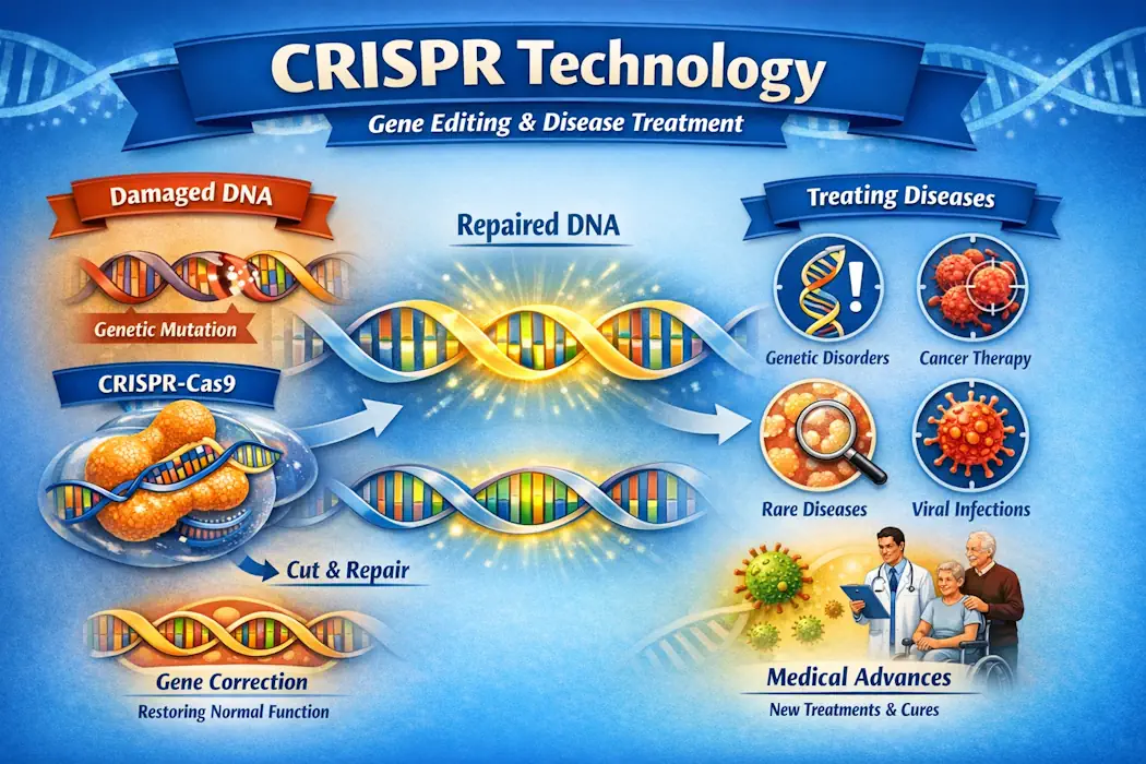 A depiction of CRISPR technology's potential to repair damaged DNA and treat various diseases.