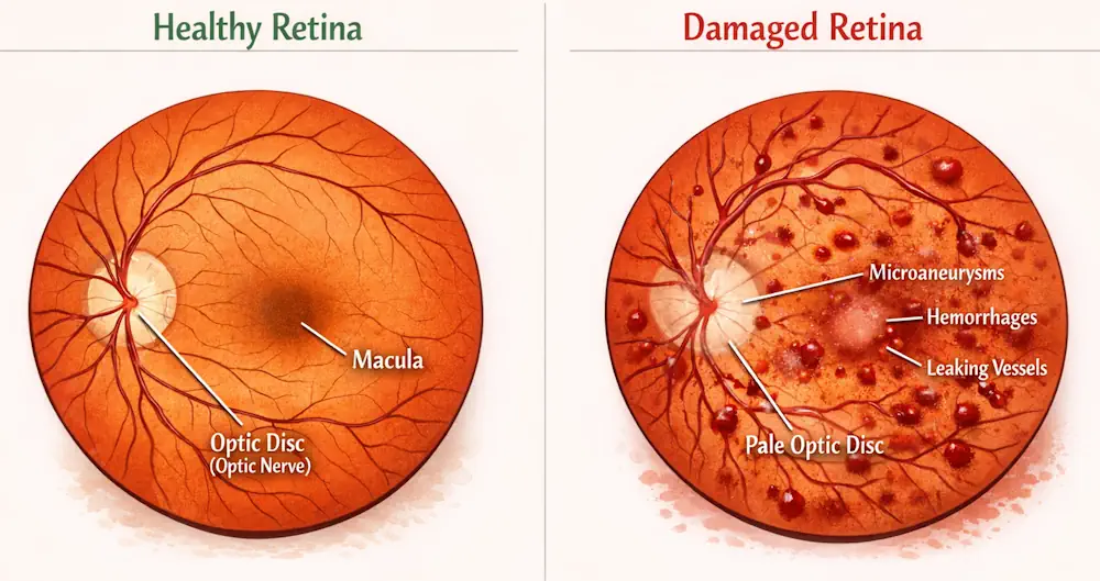 Clinical comparison showing a healthy human retina versus a retina damaged by microaneurysms and hemorrhages from diabetic retinopathy