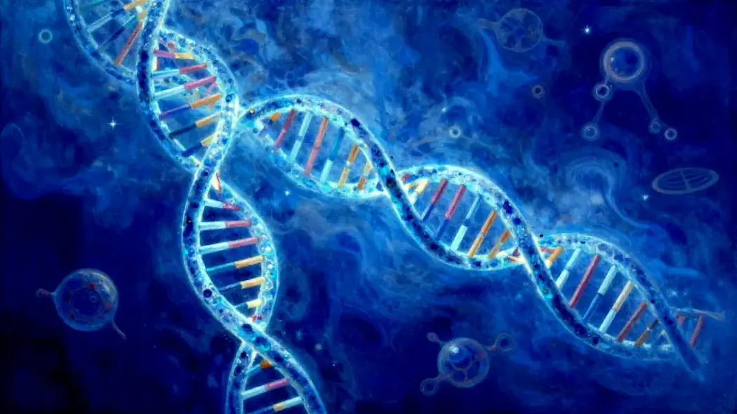 A glowing DNA double helix spirals upward like a luminous ladder, its twisting strands symbolizing the blueprint of life.