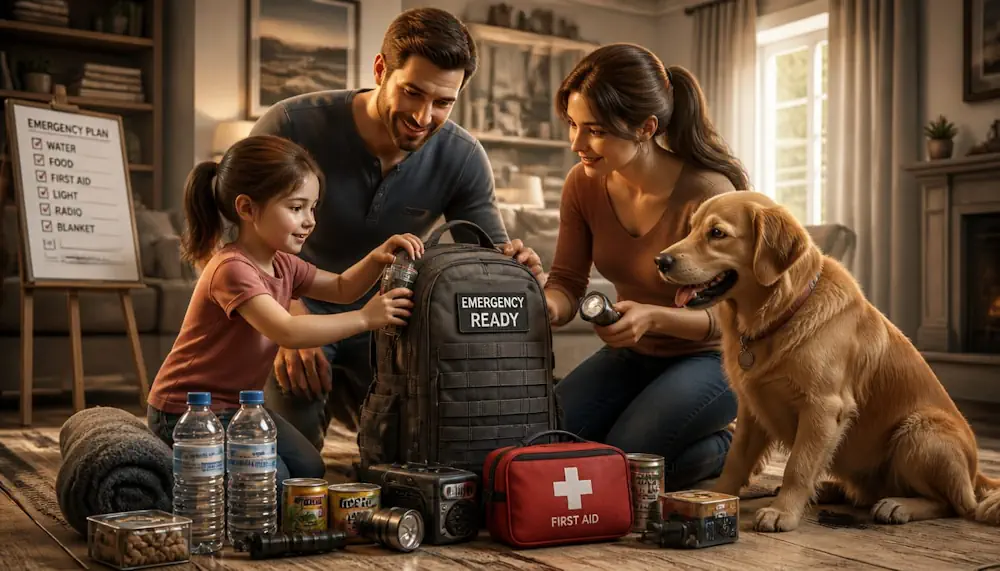 Family packing a structured emergency go-bag together