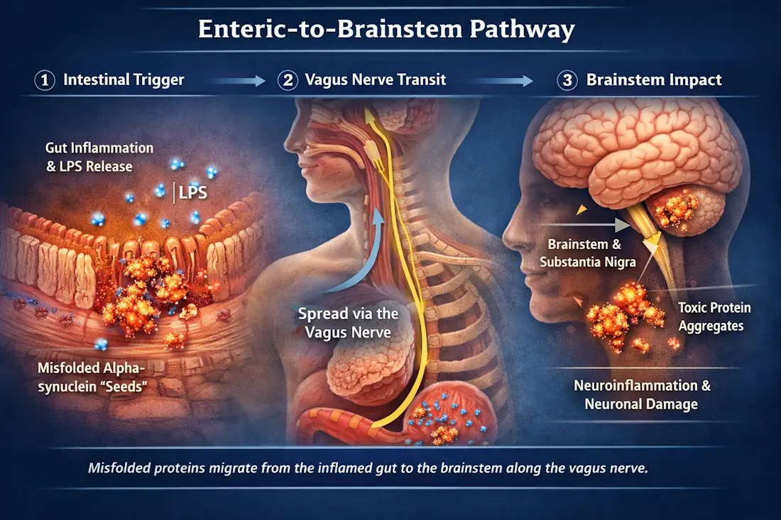 Diagram showing misfolded alpha‑synuclein proteins traveling from the inflamed gut through the vagus nerve to the brainstem, illustrating the Enteric‑to‑Brainstem pathway in neurodegeneration.
