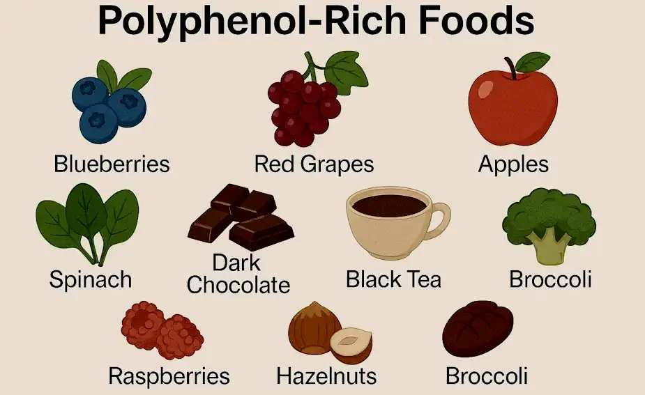 Infographic listing polyphenol-rich foods like pomegranate, cranberries, and green tea