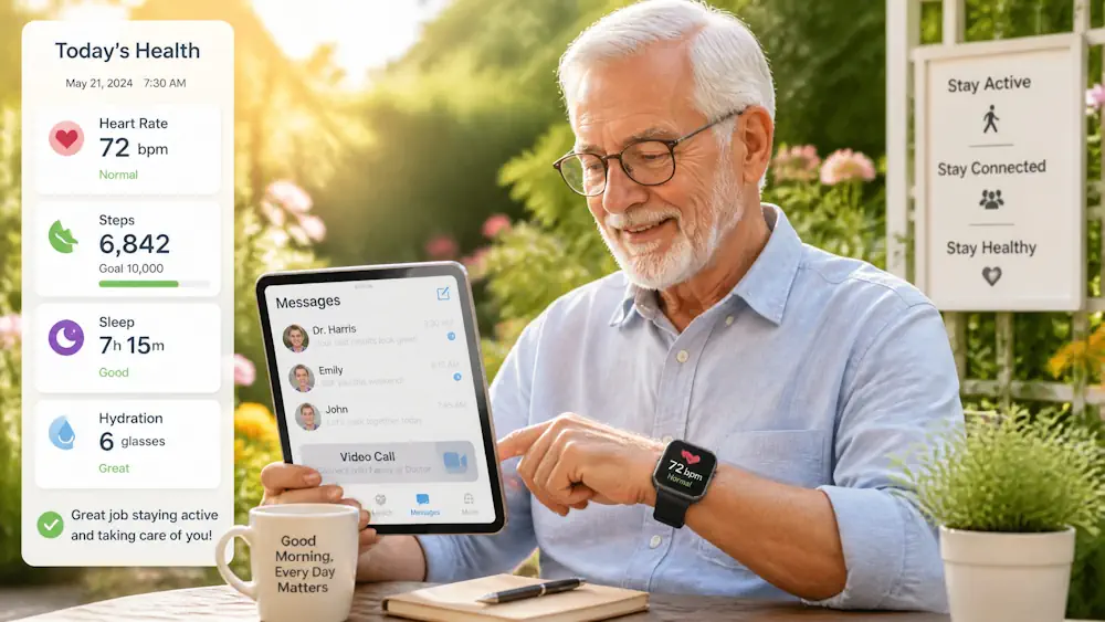 Senior man using modern tech tools in a garden