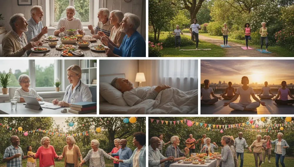 Seniors socializing, ecercising, meditating, sleeping and eating healthy