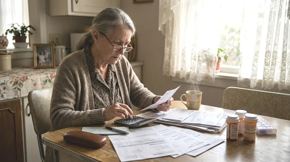 An older individual managing household bills next to pill bottles