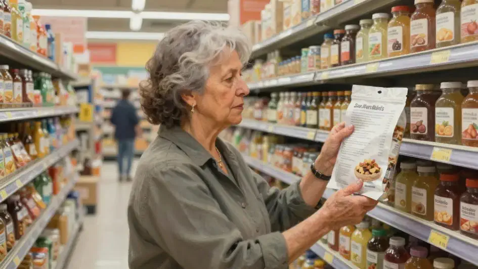 Older woman examining an ingredient list.