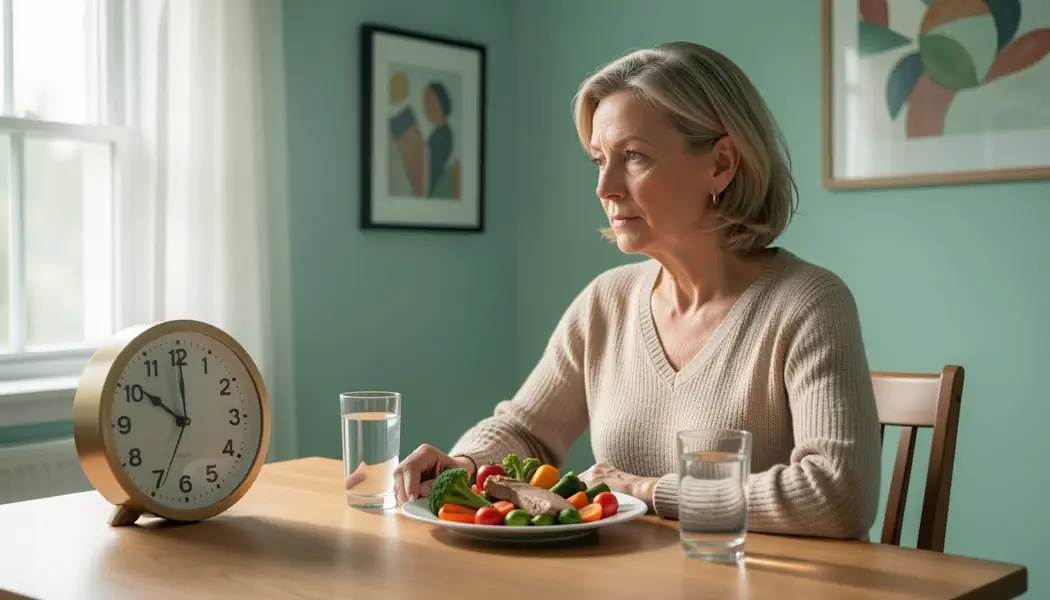 A person sits with a plate of food and an alarm clock, symbolizing the wait for intermittent fasting.