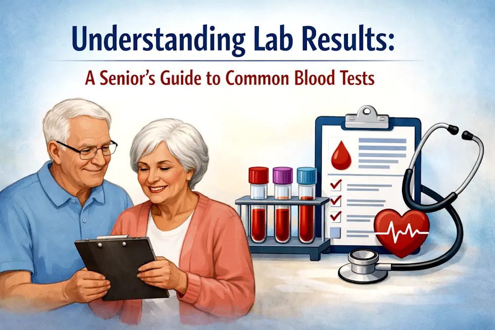 Elderly couple reviewing lab results beside blood test vials, clipboard, and stethoscope under the title “Understanding Lab Results: A Senior’s Guide to Common Blood Tests.”