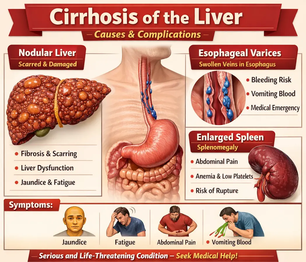 "Cirrhosis of liver with nodular liver, esophageal varices, and enlarged spleen"