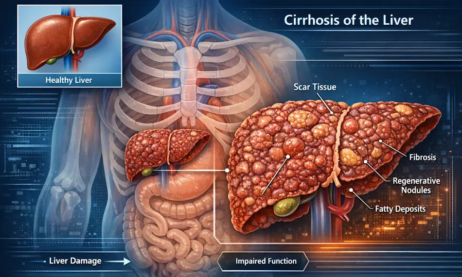 Medical illustration showing cirrhosis scarring on a human liver