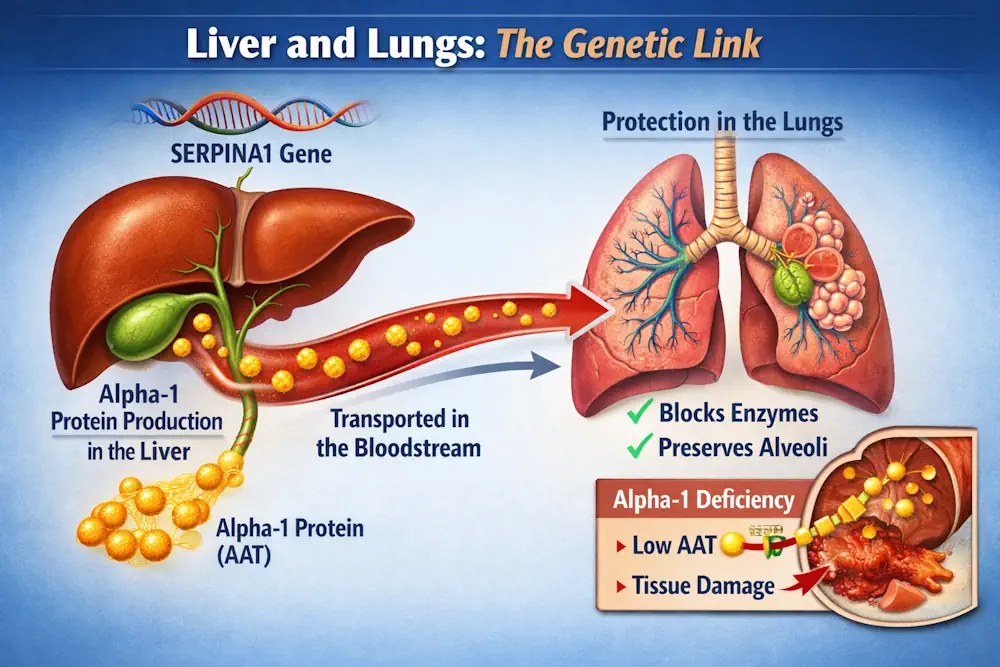Anatomical connection between the liver and lungs in Alpha-1 deficiency