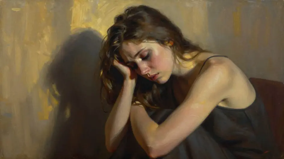 Oil painting of a young woman symbolizing the turmoil of mood disorders.