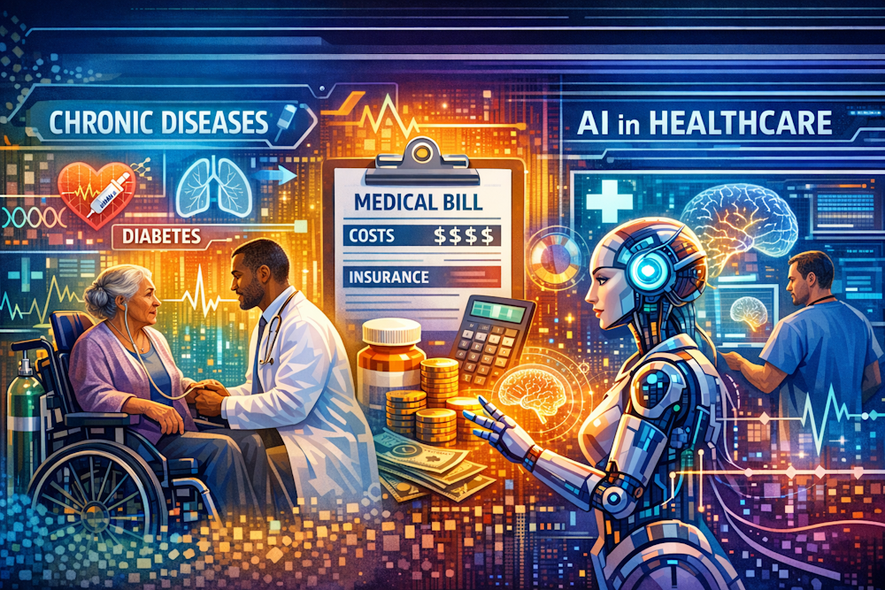 Illustration of a senior using AI tools to track medical billing files.