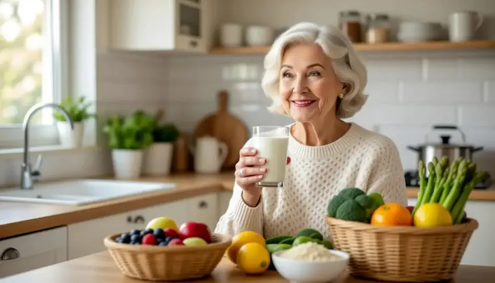 Senior woman in a kitchen holding a glass of kefir