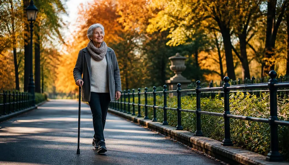 Senior woman walking safely with a cane
