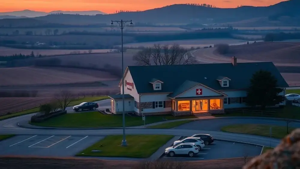 Small modern rural hospital at dawn