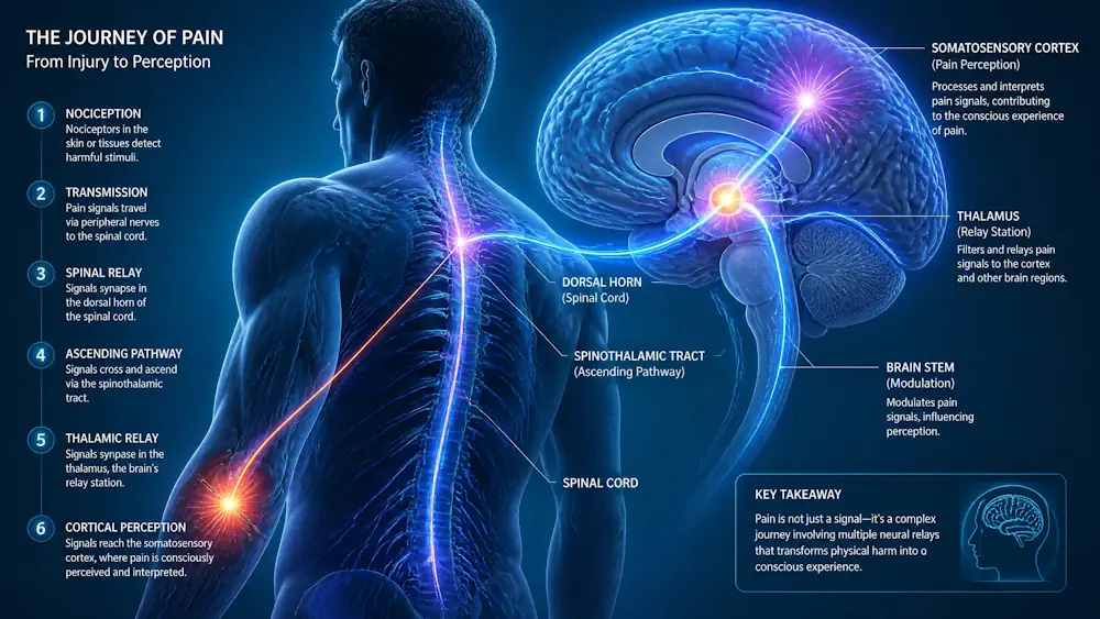 Infographic tracking neurobiology pain pathways through the spinal cord
