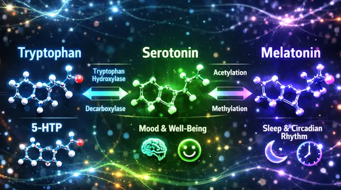 The biochemical pathway from tryptophan to serotonin and melatonin, with glowing molecular structures and arrows labeled with enzymatic steps