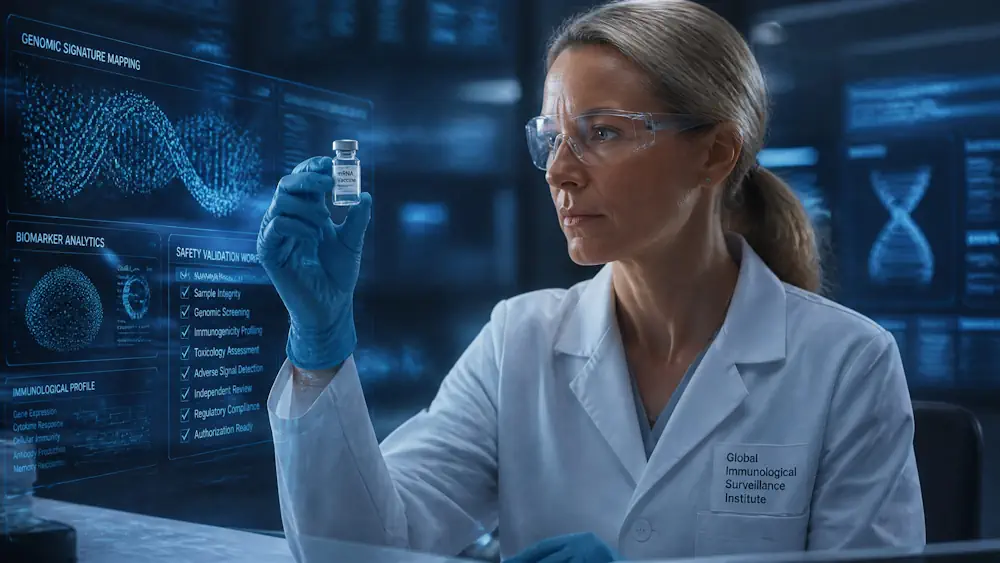 Clinical technician examining a vaccine vial in a laboratory