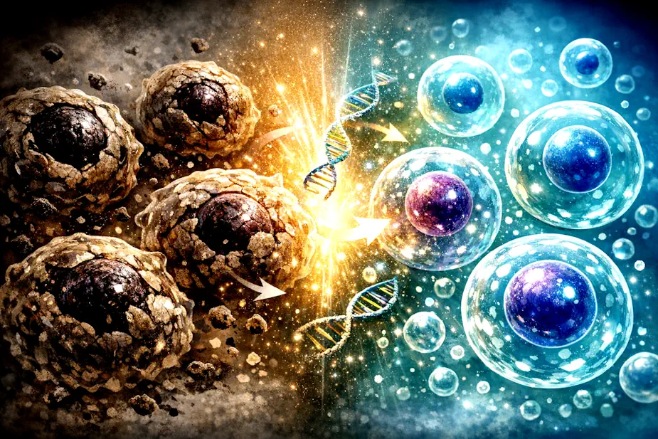 Illustration of cells transitioning from aged to youthful states.