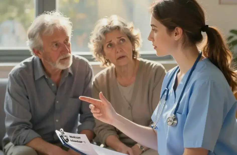 A healthcare advocate explaining Medicare Advantage to a senior couple