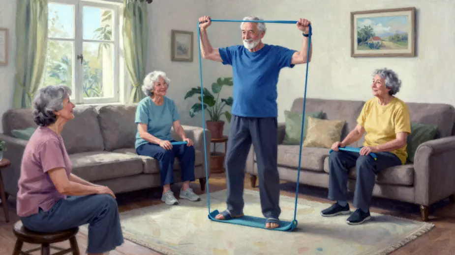 Older adults exercising with resistance bands at home