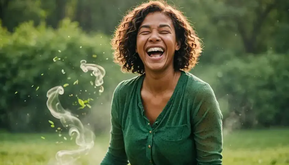 A person laughing playfully about digestion