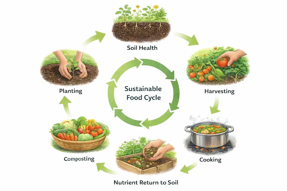 Educational diagram of the sustainable food cycle with six stages—soil health, planting, harvesting, cooking, composting, and nutrient return—connected by green circular arrows.