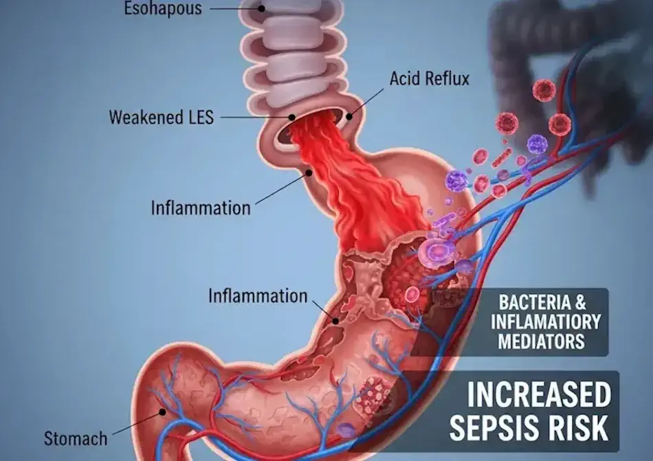 AI depiction of GERD showing acid reflux causing systemic inflammation