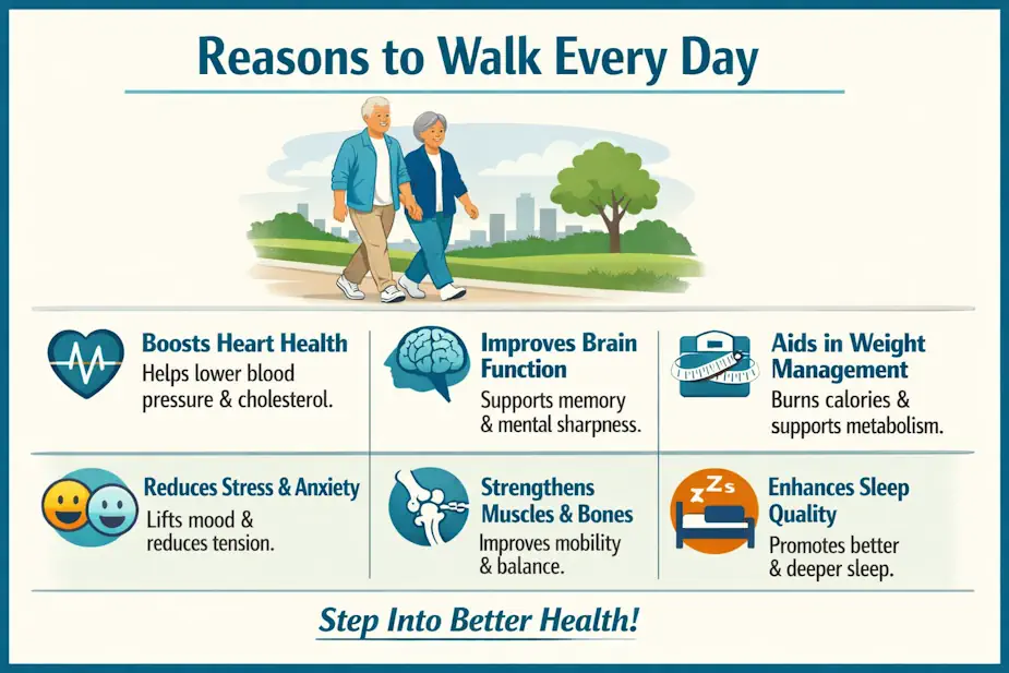 Medical infographic showing an older couple walking with illustrated health benefits.