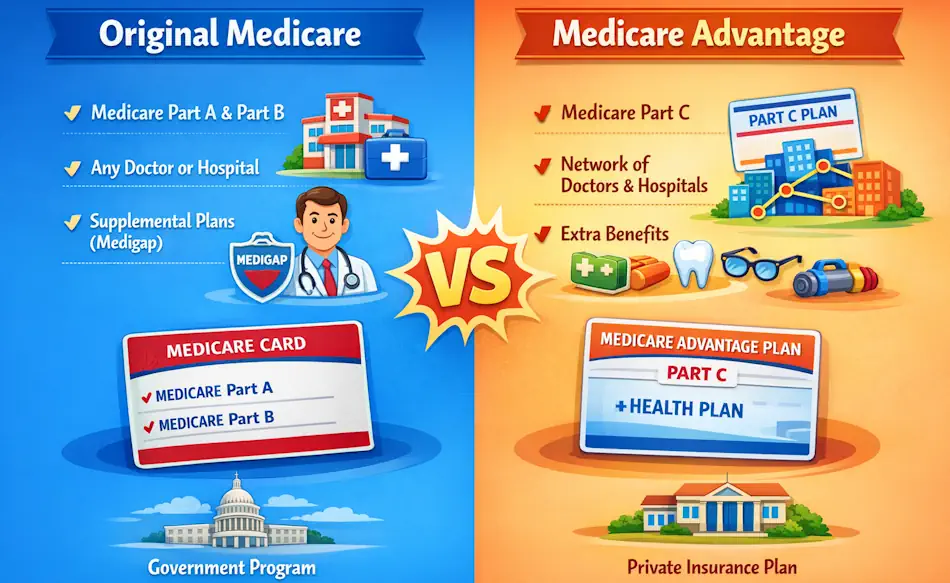 Comparison image showing Original Medicare vs. Medicare Advantage side by side.