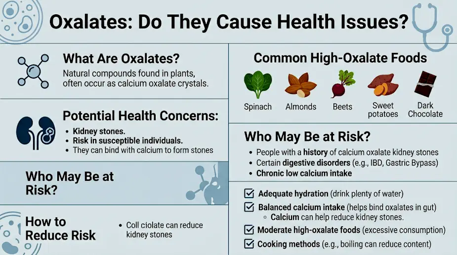 Infographic explaining what oxalates are, common high-oxalate foods (spinach, almonds, beets, sweet potatoes, dark chocolate), potential health concerns such as kidney stones, at-risk groups including people with prior kidney stones or digestive disorders, and risk-reduction strategies like hydration, balanced calcium intake, moderating high-oxalate foods, and boiling.
