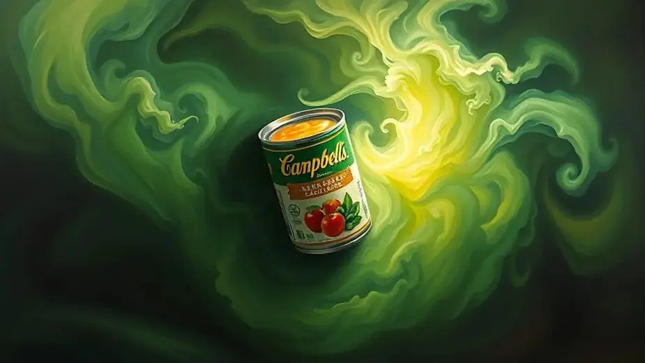 Artistic painting of a canned soup floating in swirling green mist, representing hidden sodium, additives, and nutritional concerns.