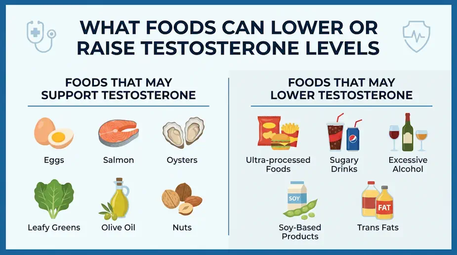 Foods that raise or lower testosterone levels infographic