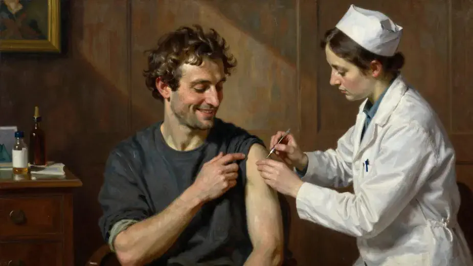 An oil painting of a healthy senior receiving a vaccination.