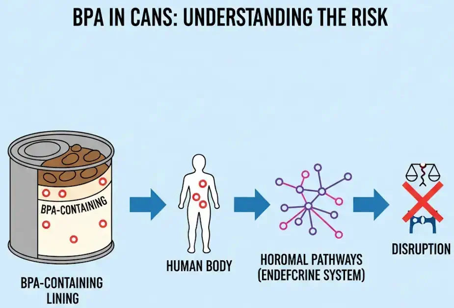Food → can lining → BPA migration → hormonal pathways.